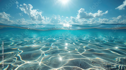 Blue transparent sea or ocean water surface with underwater