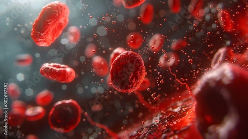 3D rendering image illustrating the role of red blood cells in oxygen transport, including binding of oxygen to hemoglobin and delivery to tissues throughout the body photo