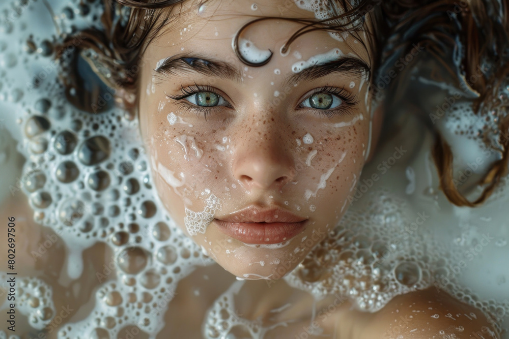 Close-up portrait of a young Caucasian woman with blue eyes, submerged in a bath with bubbles decorating her face.