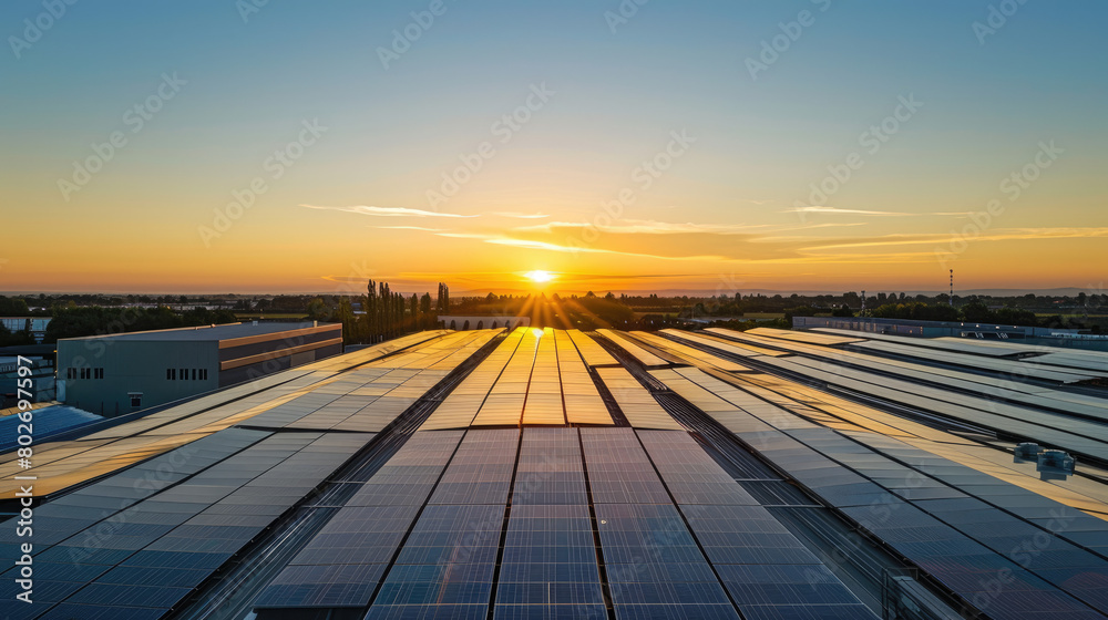 stateoftheart manufacturing facility bathed in the golden light of dawn Solar panels cover the vast roofs