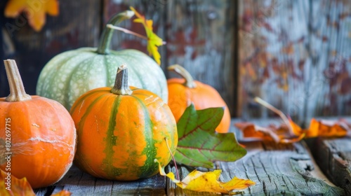 Variety of colorful pumpkins arranged on a rustic wooden table with autumn leaves.