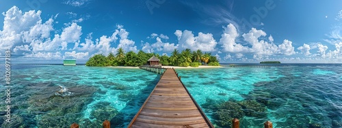 Stunning panorama of the island with clear water and wooden bridge leading to the beach photo