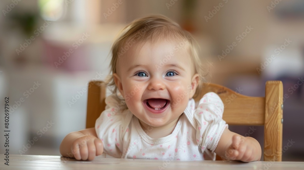 Adorable baby girl smiling joyfully at the camera, seated in a wooden high chair. Adorable baby girl smiling joyfully at the camera, seated in a wooden high chair.