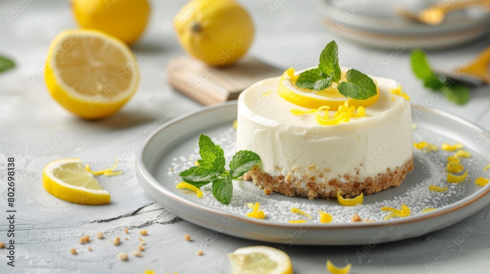 A creamy lemon cheesecake with a lemon zest topping and mint leaves, presented on a grey plate surrounded by fresh lemons. A creamy lemon cheesecake with a lemon zest topping and mint leaves, presented on a grey plate surrounded by fresh lemons.