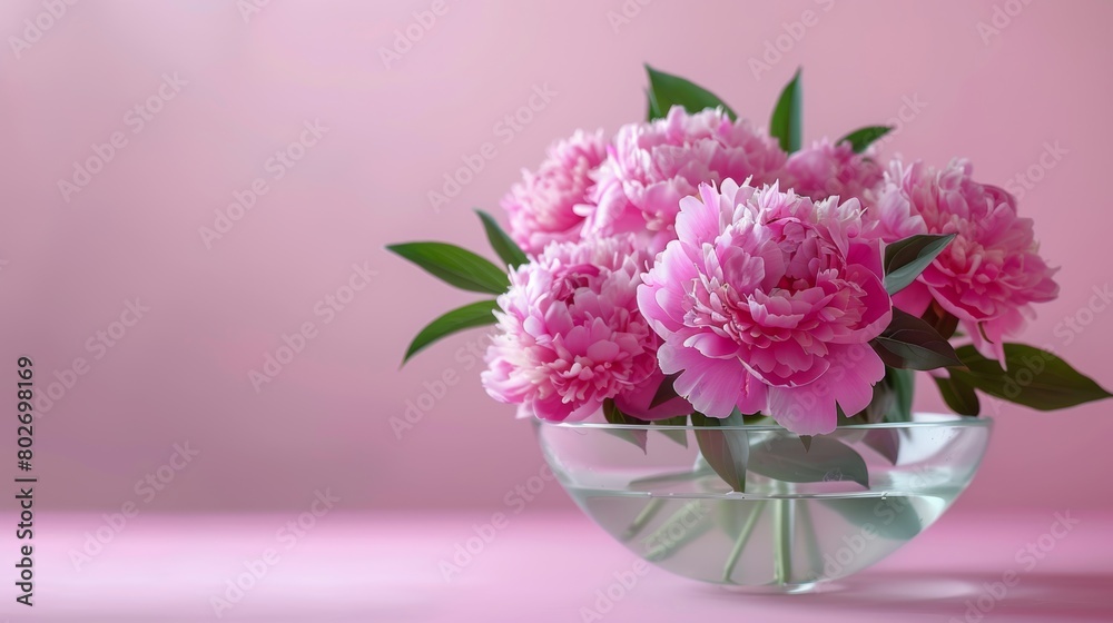 Lush pink peonies displayed in a transparent glass bowl on a pink surface, evoking a fresh, elegant floral arrangement.