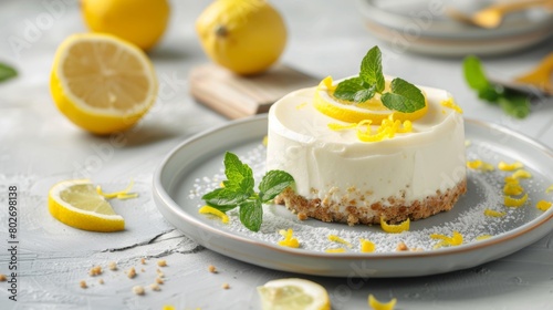A creamy lemon cheesecake with a lemon zest topping and mint leaves, presented on a grey plate surrounded by fresh lemons.