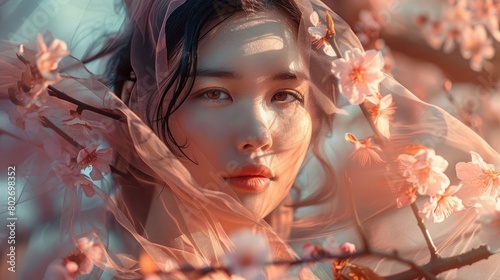 abstract portrait of woman near tree with cherry blossoms holding thin fabric