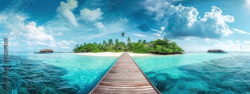 Stunning panorama of the island with clear water and wooden bridge leading to the beach © Doni_Art