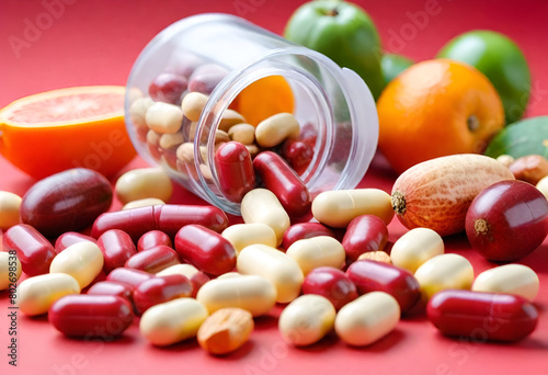 Vitamin capsules in a spoon on a colored background Pills served as a healthy meal Red soft gel vitamin supplement capsules on spoon.