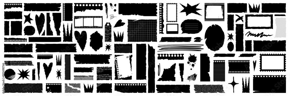 Set of grunge jagged rectangle shape assets. Black torn paper sheet for sticker, collage, banner. Vector illustration isolated on white background. Set of grunge jagged rectangle shape assets. Black torn paper sheet for sticker, collage, banner. Vector illustration isolated on white background.