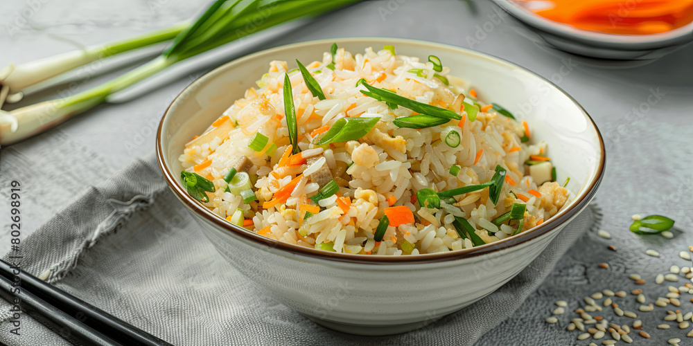 bowl of fried rice with vegetables, green spring onion and carrot on top, generative AI bowl of fried rice with vegetables, green spring onion and carrot on top, generative AI