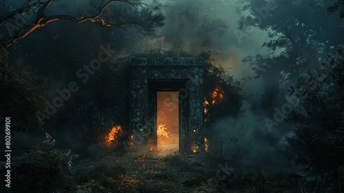 A door opening to a nightmarish scene at night in an open field, with dungeons, hellish fire, and smoke, ring gate shrouded in mist