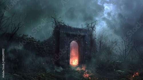 A door opening to a nightmarish scene at night in an open field, with dungeons, hellish fire, and smoke, ring gate shrouded in mist photo