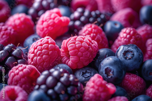 Close-up view of a vibrant assortment of fresh berries  including raspberries  blueberries  and blackberries  illuminated by natural light.