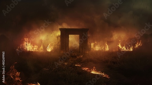 A door opening to a nightmarish scene at night in an open field, with dungeons, hellish fire, and smoke, ring gate shrouded in mist