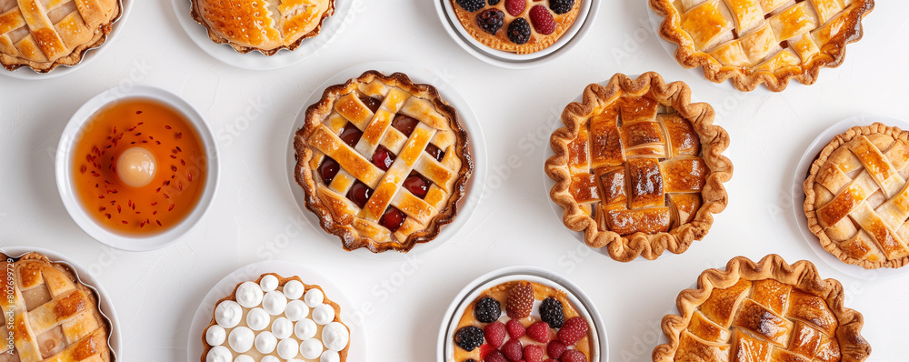 flat lay spread of homemade pies and tarts with flaky crusts and fruity fillings on a white background. flat lay spread of homemade pies and tarts with flaky crusts and fruity fillings on a white background.