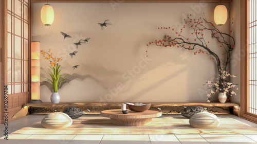 Zen interior design composition with natural elements and lighting creating a relaxing ambiance.
