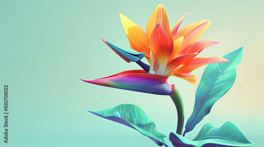 Charming isometric 3D illustration of a colorful flower with a bird's head resembling a log beak, inspired by the bird of paradise flower. The bird's head is facing to the right. Charming isometric 3D illustration of a colorful flower with a bird's head resembling a log beak, inspired by the bird of paradise flower. The bird's head is facing to the right.