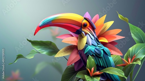 Charming isometric 3D illustration of a colorful flower with a bird's head resembling a log beak, inspired by the bird of paradise flower. The bird's head is facing to the right. photo
