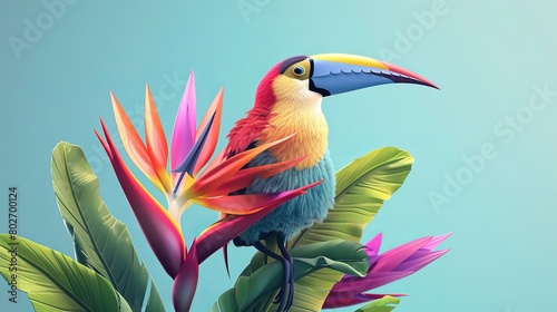 Charming isometric 3D illustration of a colorful flower with a bird's head resembling a log beak, inspired by the bird of paradise flower. The bird's head is facing to the right. photo