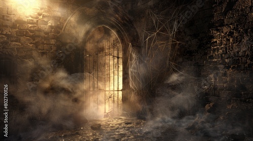 A mysterious scene with light shining from an opened door set in a dungeon  surrounded by hellish smoke and a ring gate  eerie mist and cobwebs