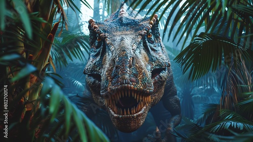 Realistic frontal photo of a T-Rex dinosaur portrait in a deep jungle rainforest  surrounded by fern trees. Palms and other plants are visible through the fog in the background.