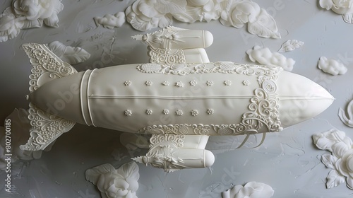 A detailed wedding cake ornament made of white icing, shaped like a blimp, set against a blank background. photo