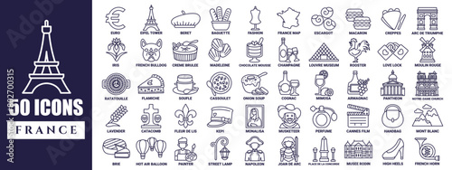 50 France icon collection in line style with name in every icon