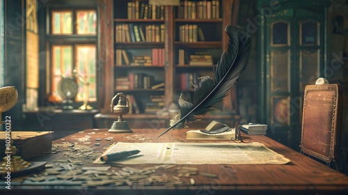 A whimsical cartoon-style illustration featuring a small, magical black quill floating above a desk in an office setting. photo