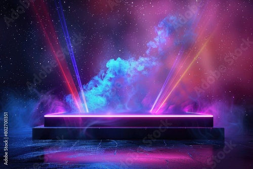 podium for presentation products, Spy theme background with color laser lights. photo