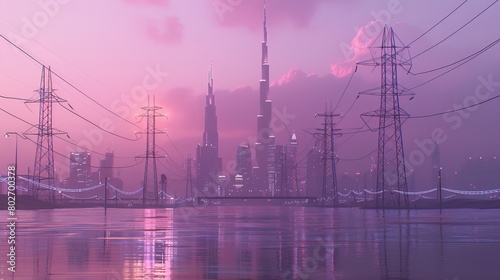 A futuristic and realistic portrayal of Dubai, showcasing a city powered by clean energy. The cityscape is depicted in shades of gray, with electricity lines rendered in purples and pinks.