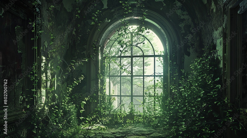Within a fantastical, deserted structure, where verdant foliage gracefully adorns the walls. The view is framed by an arched glass window, evoking a fairy tale ambiance.