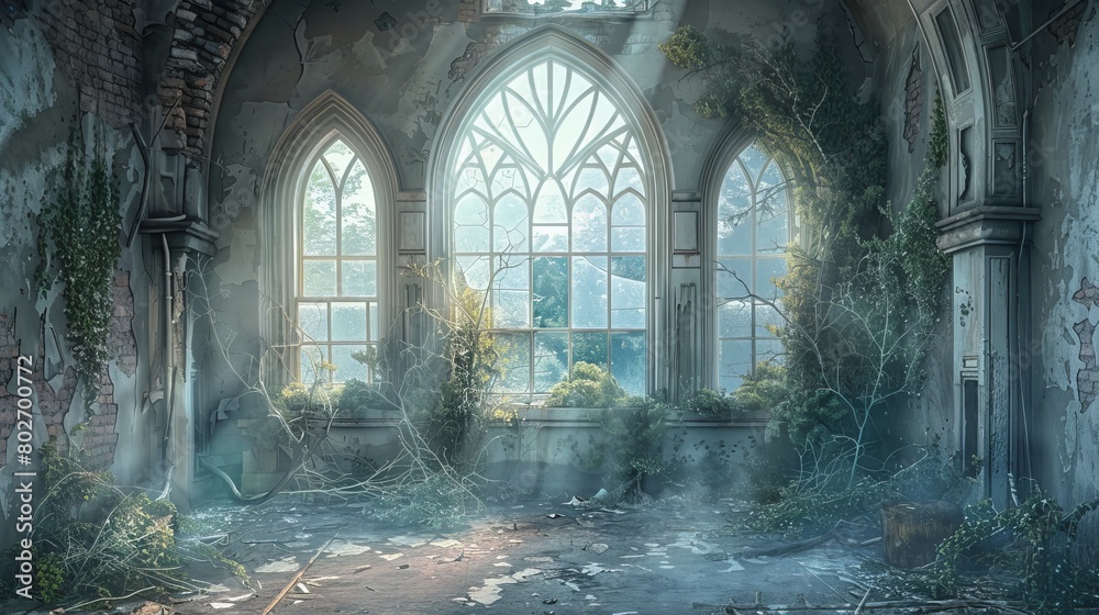 Within a fantastical, deserted structure, where verdant foliage gracefully adorns the walls. The view is framed by an arched glass window, evoking a fairy tale ambiance.