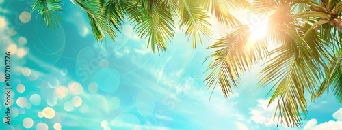 tropical beach with palm leaves and sand on sea waves background.