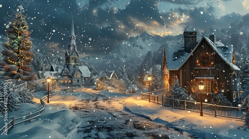 A metallic 3D image in ultra-high definition, portraying a realistic, landscape-format Christmas background with a village covered in snow photo