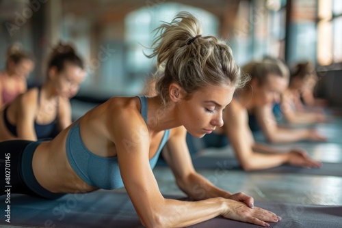 A woman is doing a plank exercise on a mat in a gym