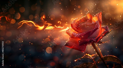 A mythical 3D image featuring a single rose with water drops  rays  and fire