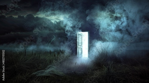 An open door emitting light, symbolizing the gate between heaven and hell, with smoke swirling and souls in pain, set in a dark, misty field at night