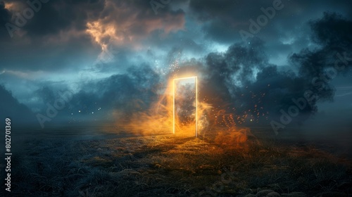 An open door emitting light, symbolizing the gate between heaven and hell, with smoke swirling and souls in pain, set in a dark, misty field at night