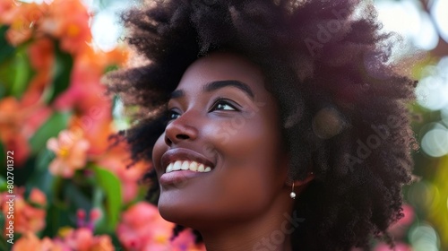 African American woman with natural afro hair smiling upward