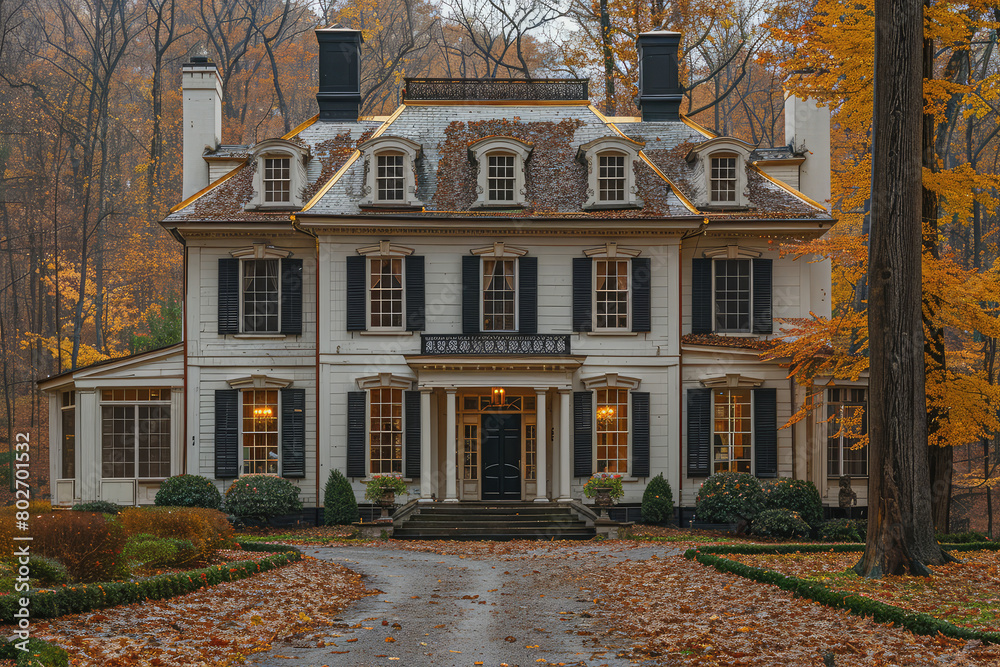  A large colonial-style house with white walls, black shutters, and gilded accents stands in the center of an autumn forest landscape. Created with Ai