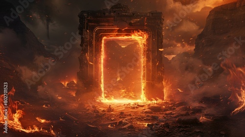 Archery portal door framed by flames, opening into a hellish, dark landscape, where everything is scorched and the atmosphere is dense with fear