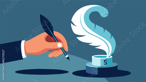 A closeup of a hand gripping a feather quill the s standing out as the writer presses down to form each intricate letter.. Vector illustration