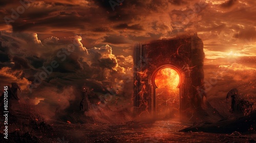 Archery portal door set against a backdrop of hell, with landscapes of fire and brimstone, dark clouds overhead, emitting a burning, eerie glow