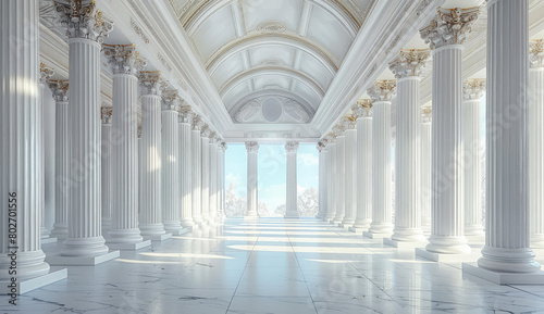 A large white hall with columns on both sides, marble pillars and arches, light background. Created with Ai