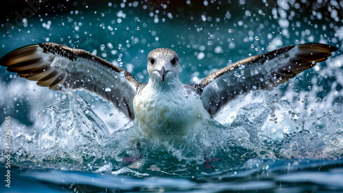 A splash of water creates a dynamic explosion from a diving seabird photo