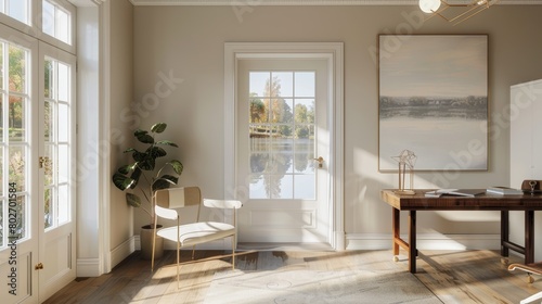 Calming study and relaxation space with a door framing a dreamy landscape  reflective lake  and warm neutrals like taupe  enhancing the room s welcoming vibe
