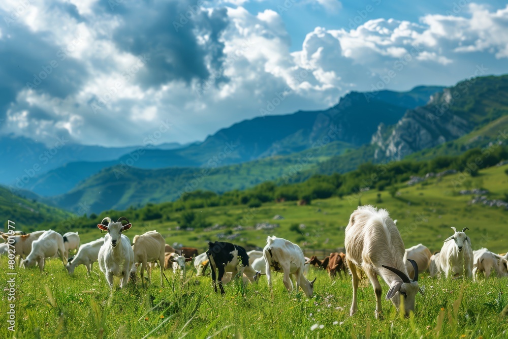 Herd of goats grazing peacefully in a scenic countryside landscape