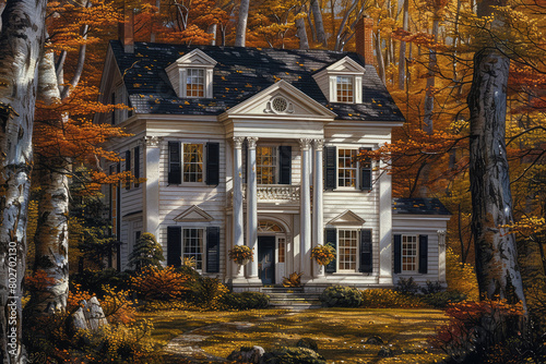 A classic colonialstyle house with symmetrical windows, central front door framed by columns and shutters, surrounded by ornamental trees in an autumn forest setting. Created with Ai photo