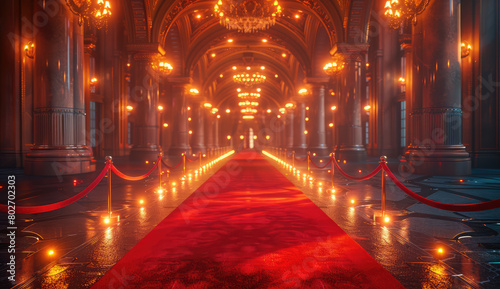 Red carpet leading to the entrance of an event, with ropes and velvet stanchions on both sides. Created with Ai  photo